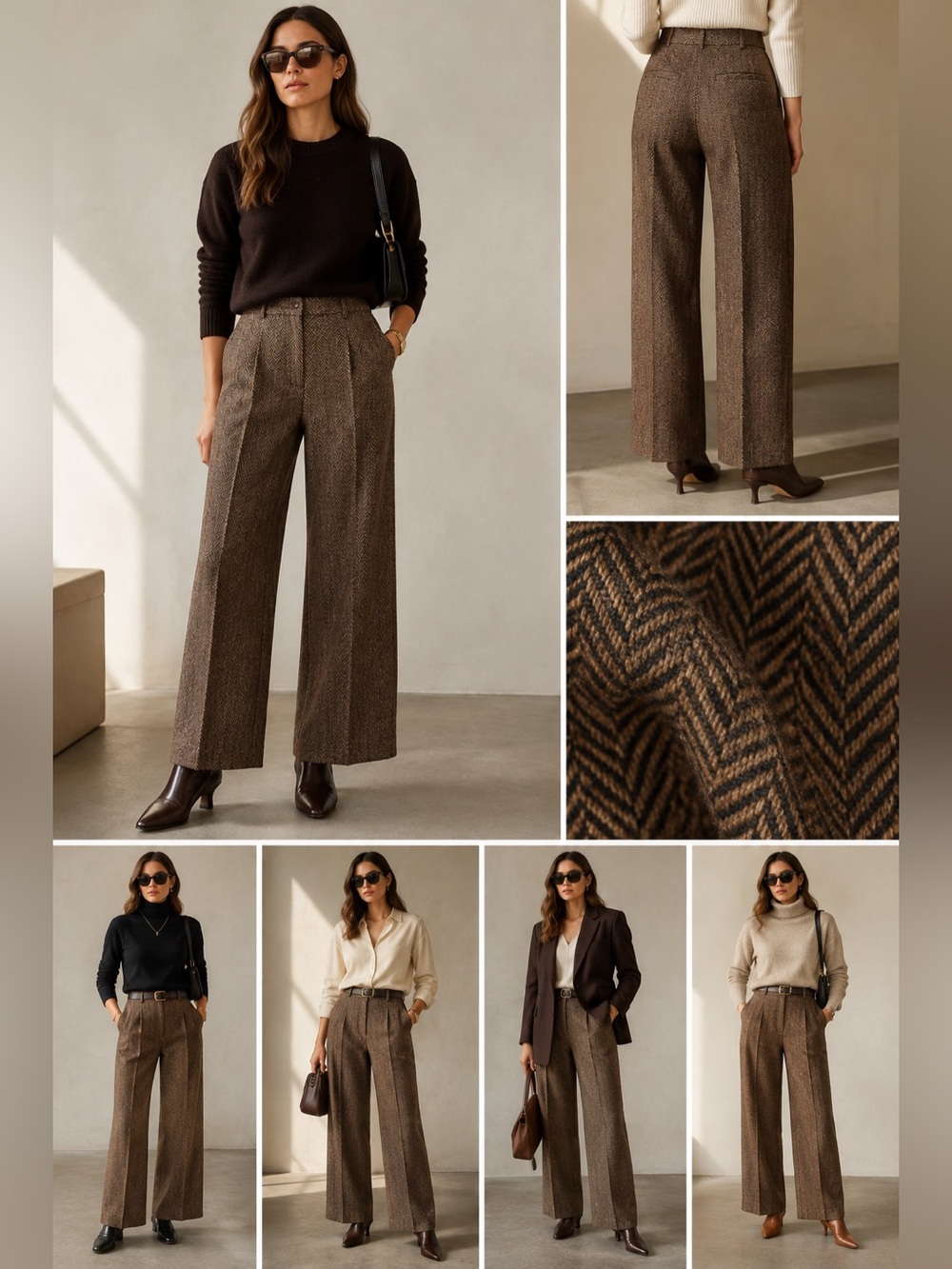 Veronica Beard Dova Brown Herringbone Wool Blend Wide Leg Pants Size 6